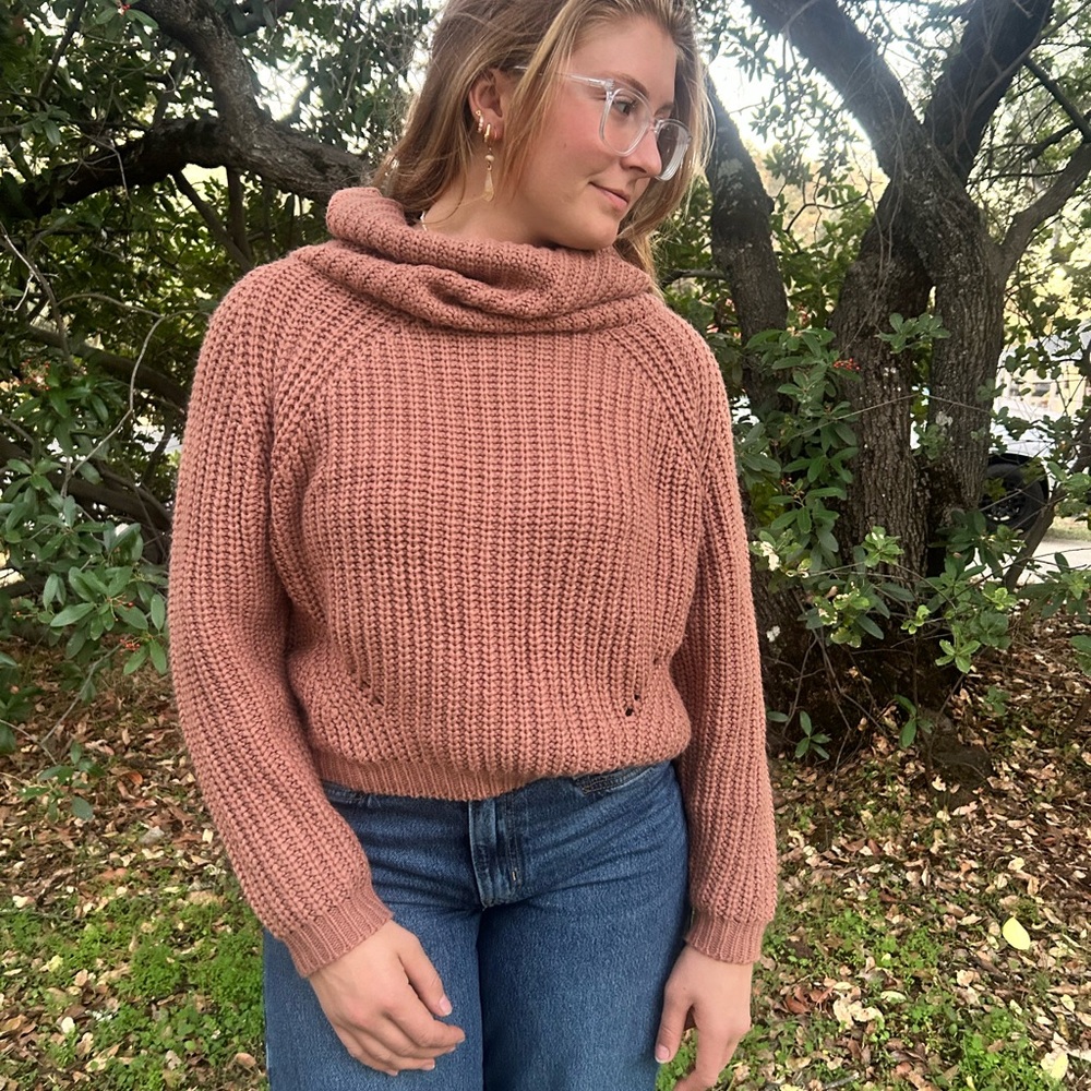 Cozy Knit Cowl Neck Sweater - Pink